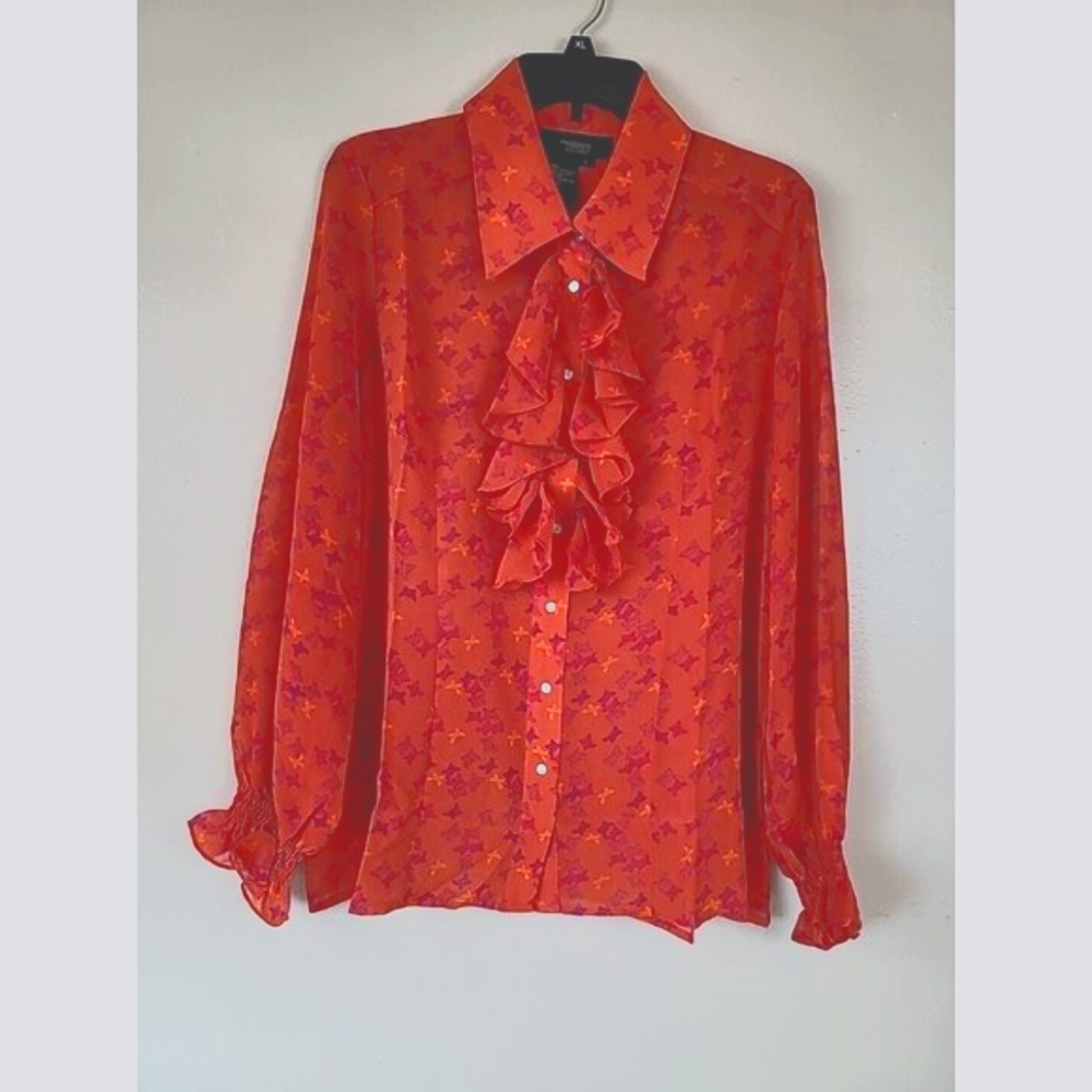 Twiggy London Womens Blouse Sz Large Orange Butterfly Sheer Ruffle Long Sleeve
